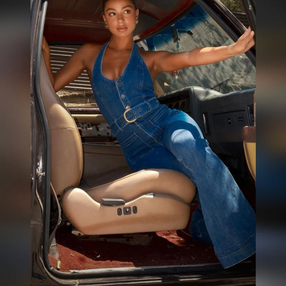 Show Me Your Mumu Fort Worth Jumpsuit Ridge Blue Size Large Missing Belt - Picture 3 of 14